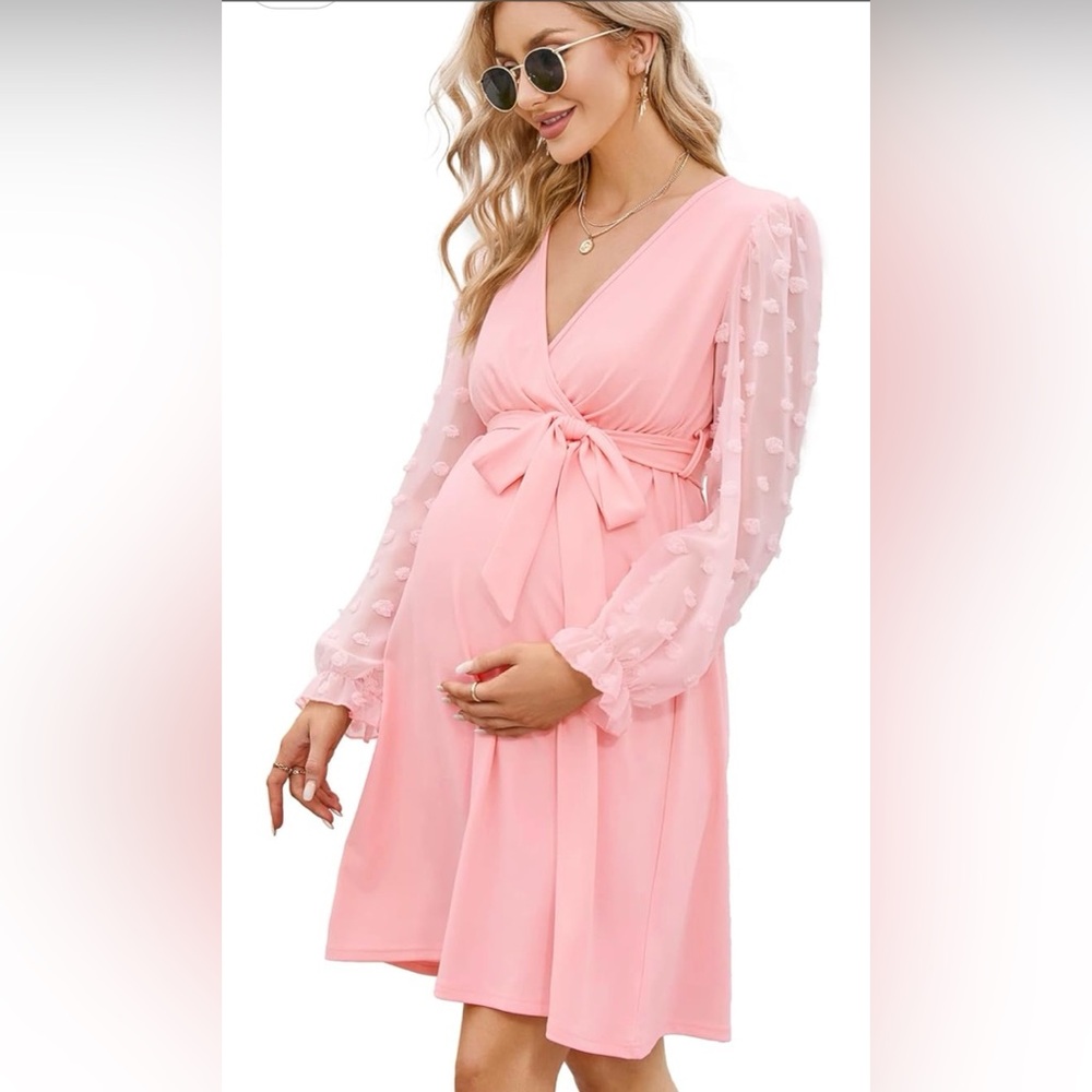 Pink Coolmee Womens Maternity Swiss Dot Long Sleeve Wrap Dress